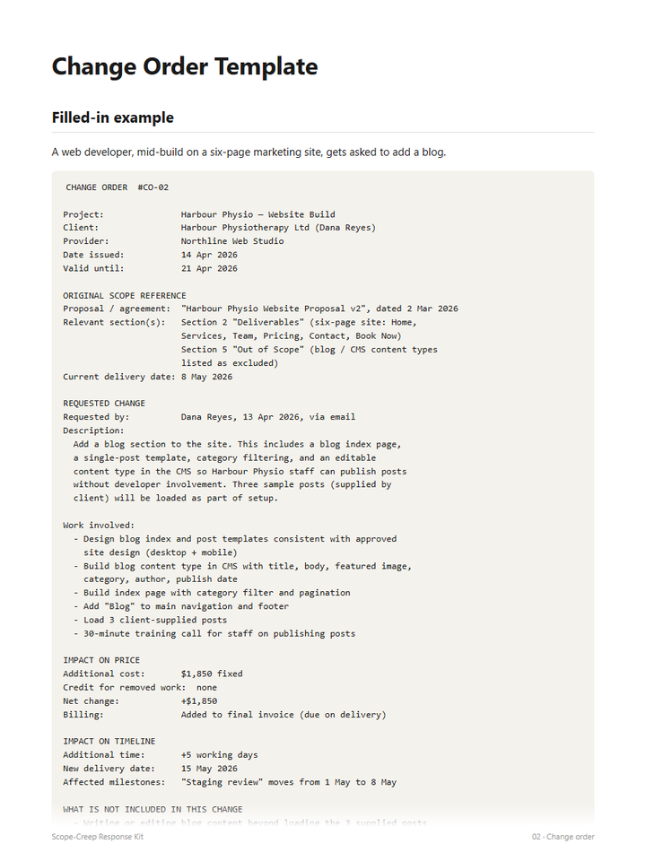A filled-in change order example for adding a blog to a website build