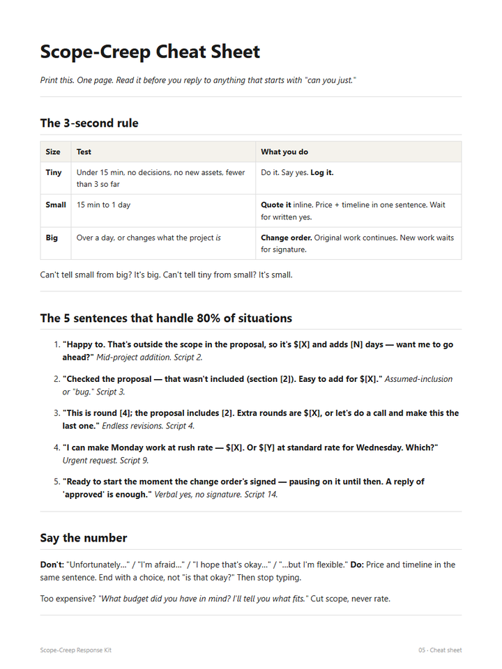 The one-page cheat sheet: the 3-second rule table and the five sentences