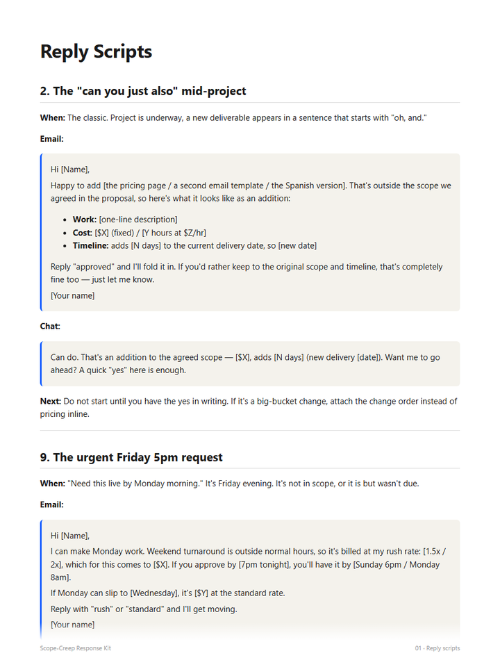 Two reply scripts with email and chat versions